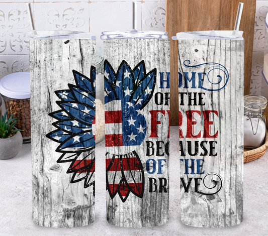Home of the Free Because of the Brave Tumbler | Patriotic Eagle 20 oz Skinny Stainless Steel Cup | Military Veteran Tribute Drinkware