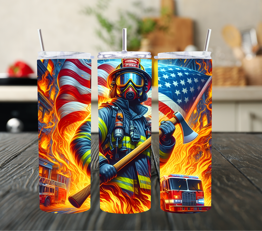 Firefighter Tribute 20 oz Skinny Tumbler | Stainless Steel First Responder Drinkware | Patriotic Firefighter Cup