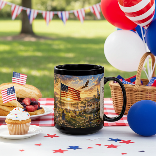250 Years of Freedom Black Mug( Liberty at Dawn) Collector's Edition — 1776–2026 Patriotic American Flag Coffee Cup