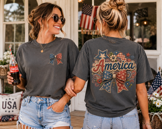Vintage America Bow Comfort Colors® 1717 T-Shirt | Patriotic Coquette Graphic Tee | USA Summer Shirt