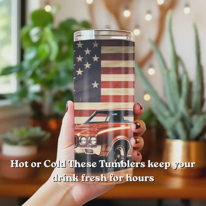 20oz Tumbler , Vintage American Muscle Car with Flag Stainless Steel Travel Cup