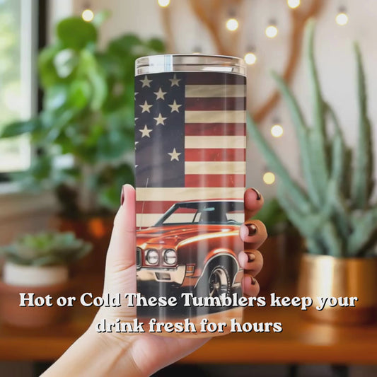 20oz Tumbler , Vintage American Muscle Car with Flag Stainless Steel Travel Cup