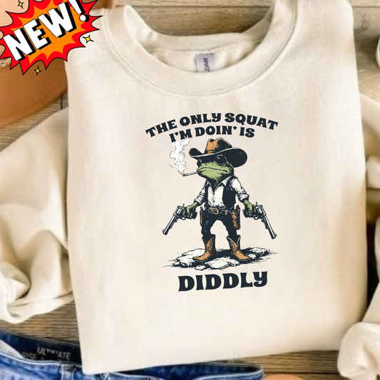 Funny Frog Sweatshirt – Cozy Crewneck with Cowboy Boots & Cheeky Quote “The Only Squat I’m Doin’ is Diddly” – Humorous Casual Fleece Pullover