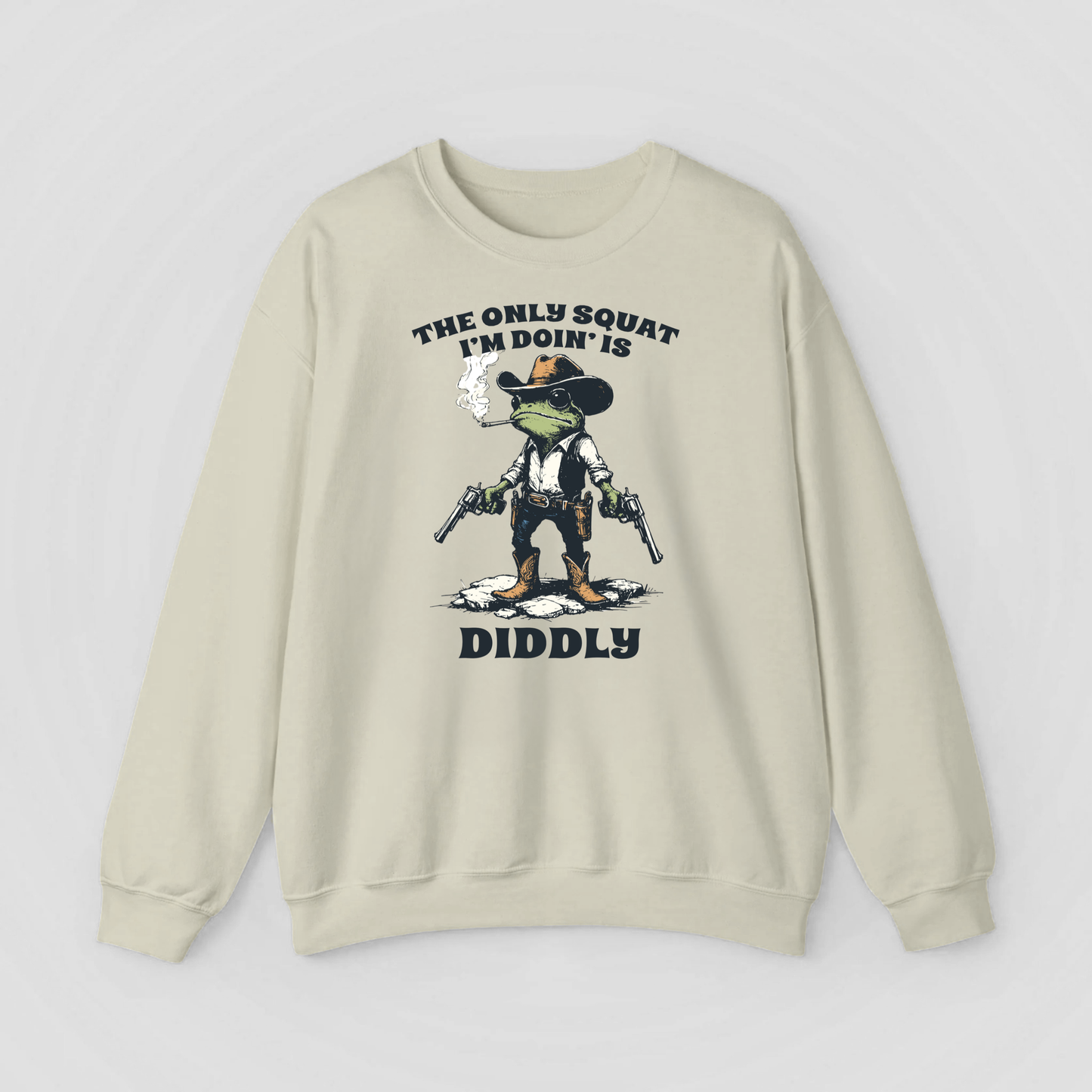 Funny Frog Sweatshirt – Cozy Crewneck with Cowboy Boots & Cheeky Quote “The Only Squat I’m Doin’ is Diddly” – Humorous Casual Fleece Pullover