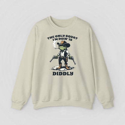 Funny Frog Sweatshirt – Cozy Crewneck with Cowboy Boots & Cheeky Quote “The Only Squat I’m Doin’ is Diddly” – Humorous Casual Fleece Pullover