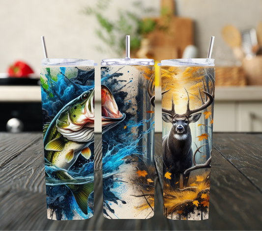 Bass Leaping 20oz Stainless Steel Tumbler — 360 Fishing Art, Insulated Travel Cup