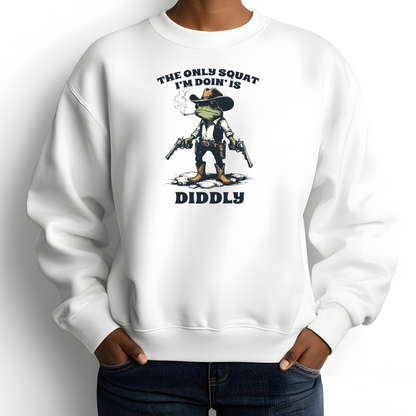 Funny Frog Sweatshirt – Cozy Crewneck with Cowboy Boots & Cheeky Quote “The Only Squat I’m Doin’ is Diddly” – Humorous Casual Fleece Pullover